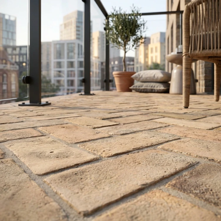 Dekorative Terrassenplatte „Provence“ – Visualisierung, erstellt mit künstlicher Intelligenz (KI).