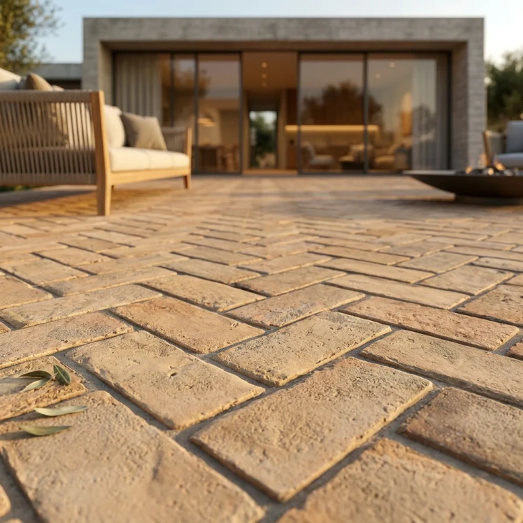 Dekorative Terrassenplatte „Provence“ – Visualisierung, erstellt mit künstlicher Intelligenz (KI).